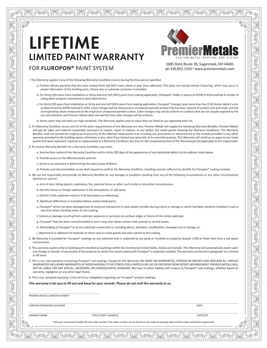 Fluropon Lifetime Warranty