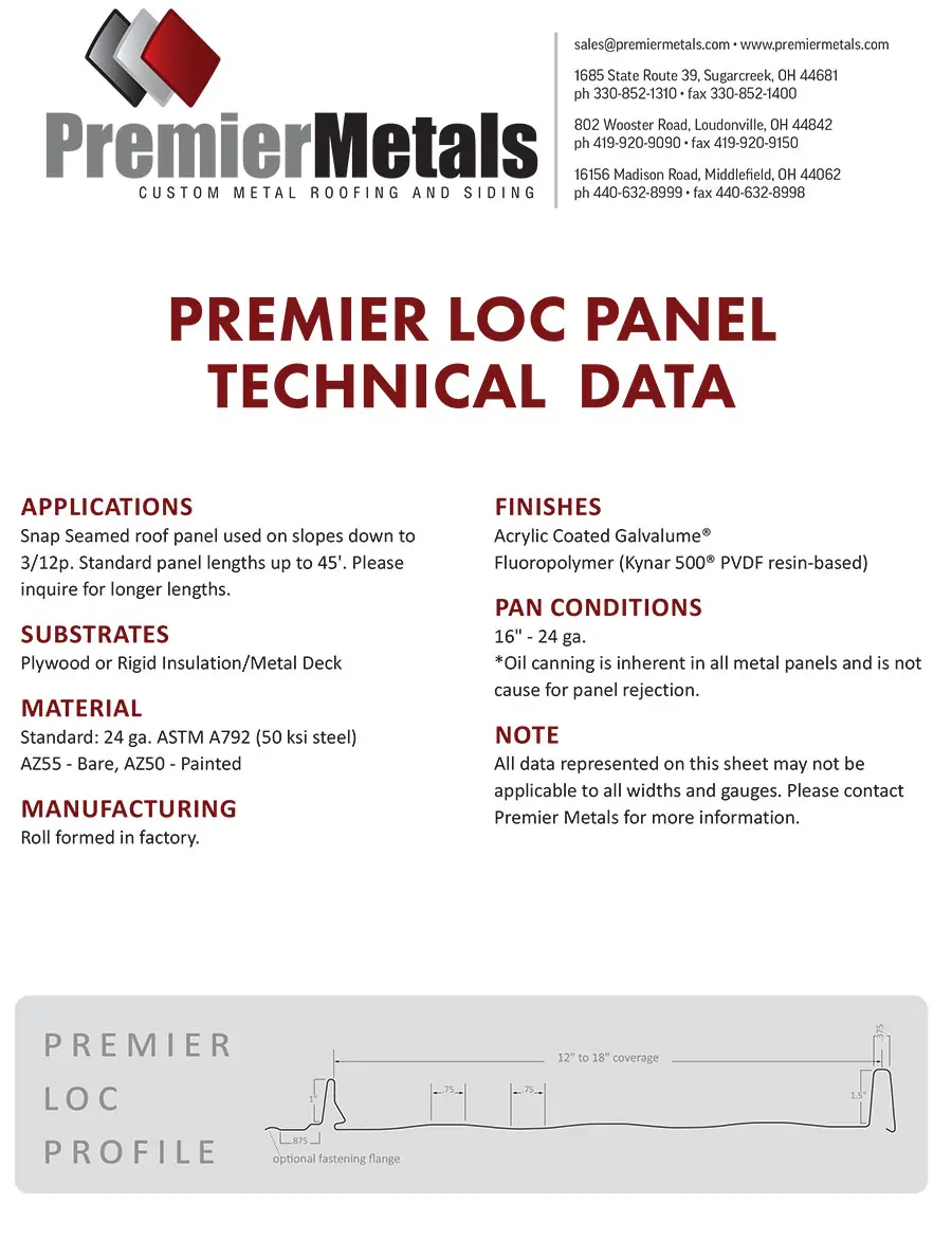 Premier Metals Loc Panel Technical Data