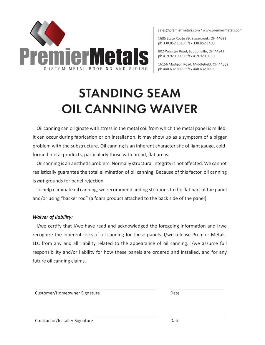 Standing Seam Oil Canning Waiver